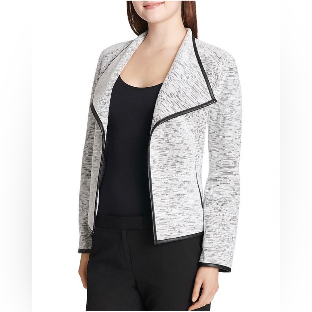 NWOT Calvin Klein White Black Moto Crop Blazer Jacket Faux Leath….